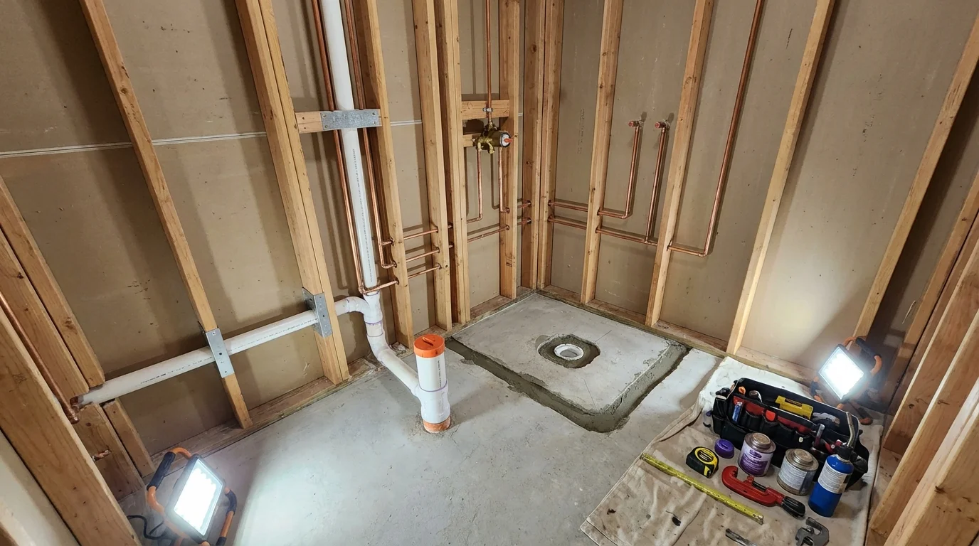 Bathroom rough-in plumbing during remodel by Johns Plumbing LLC in Oradell