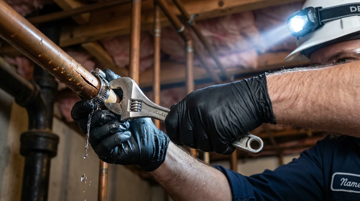 Emergency pipe clamp repair being performed by a Johns Plumbing LLC plumber in Oradell