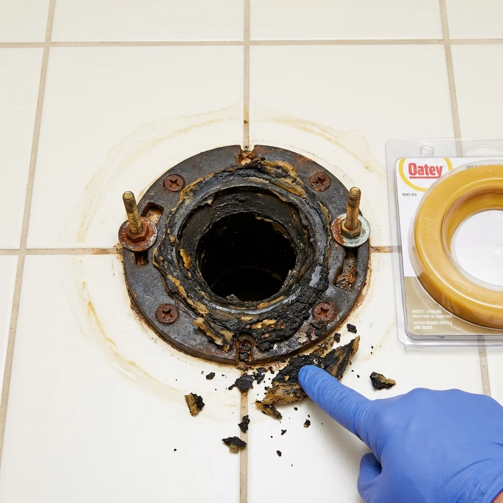 Failed wax ring showing water seepage at the base of a toilet in a Oradell, NJ home
