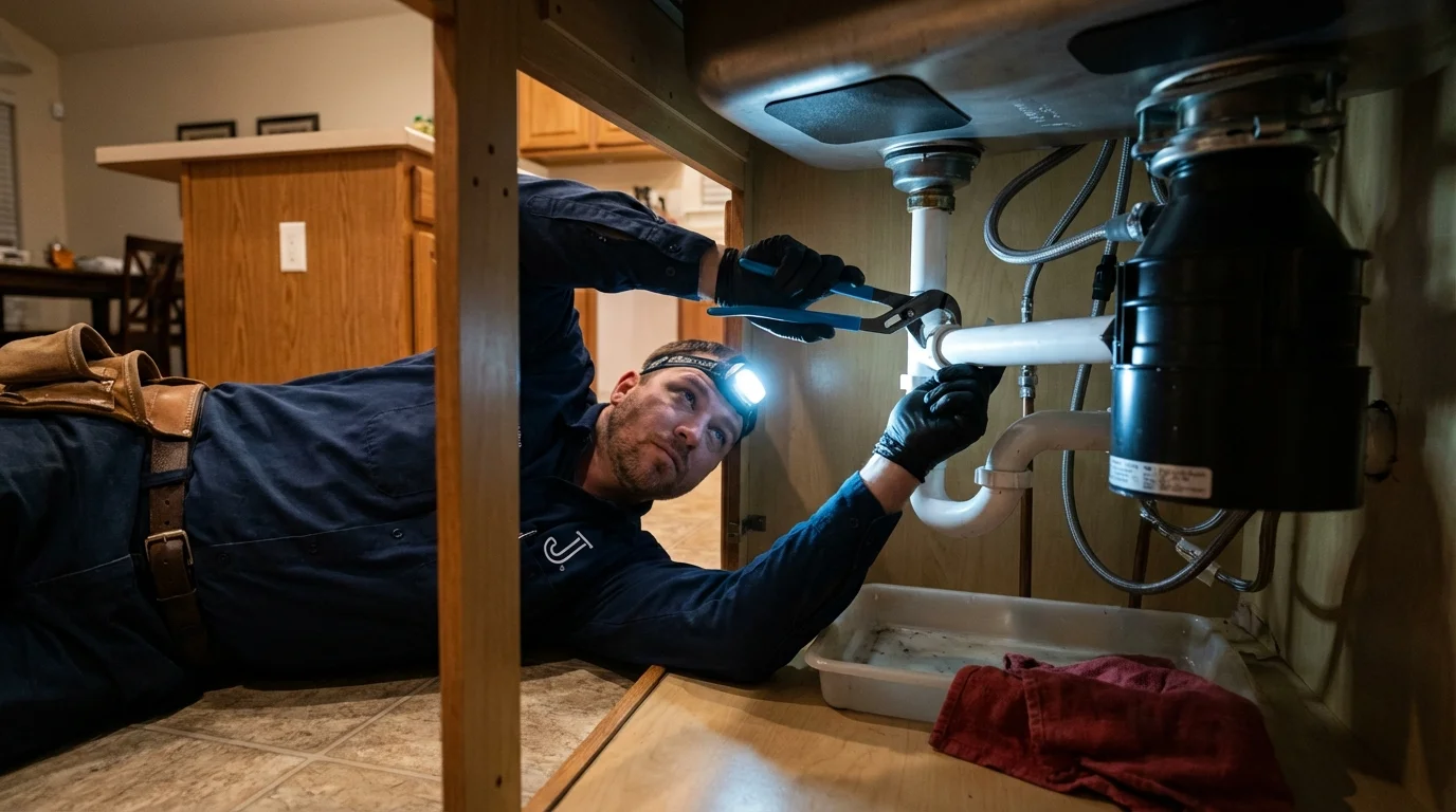 P-trap and supply line connections under a kitchen sink showing a common leak point in Oradell, NJ